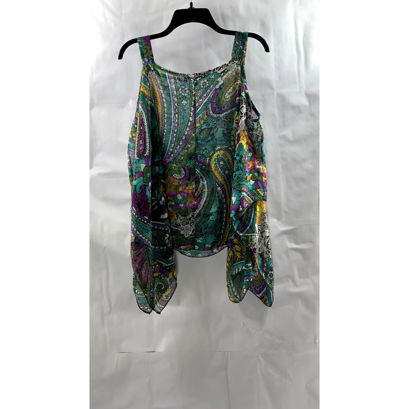 MANDEE Women's Green Sheer Printed Straight-Neck Cutout Shoulder Top SZ S