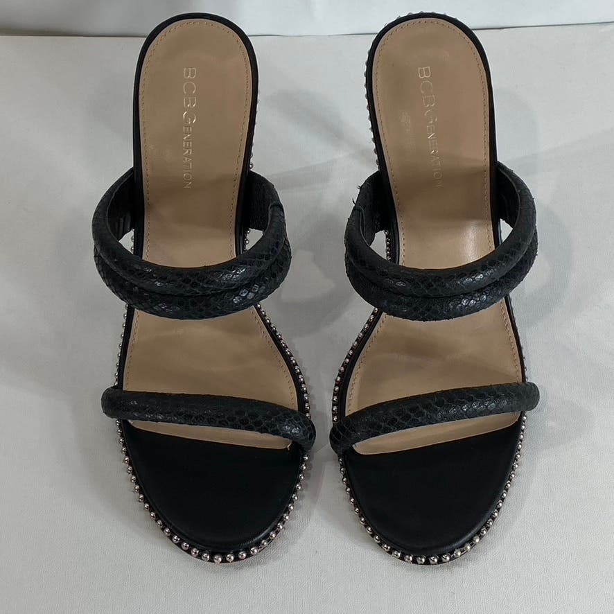 BCBGENERATION Women's Black Jenni Snake Embossed Stone Trim Stiletto Sandal SZ10
