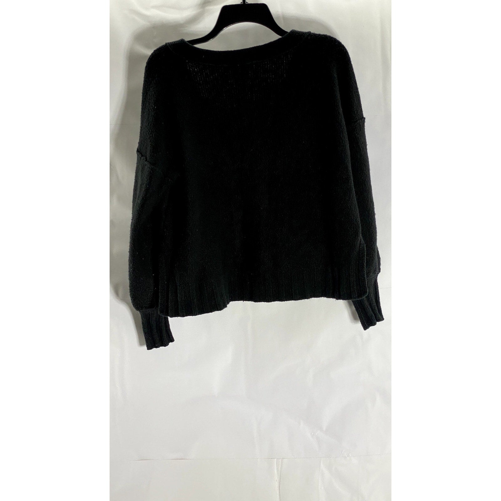 PILCRO Women's Black Solid V-Neck Wide-Cuff Knit Pullover Sweater SZ S