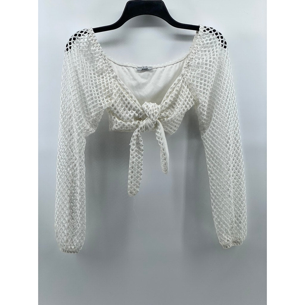 IRIS Women's White Mesh Long Sleeve Tie-Knot Cropped Top SZ S