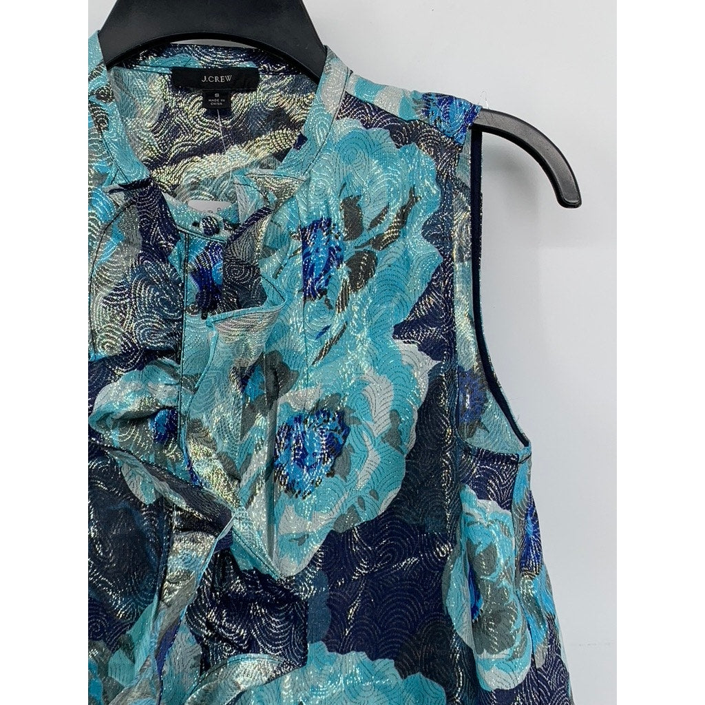 J.CREW Women's Blue Shimmer Floral Jacquard Ruffle-Front Top SZ S