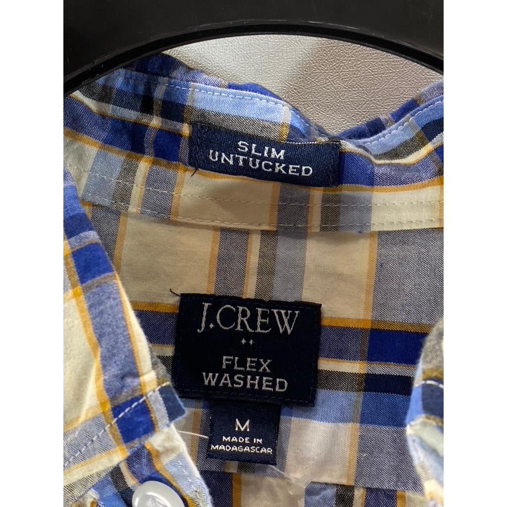 J.CREW Men's Blue/Yellow Plaid Flex Washed Slim-Fit Untucked Button-Up Shirt SZM