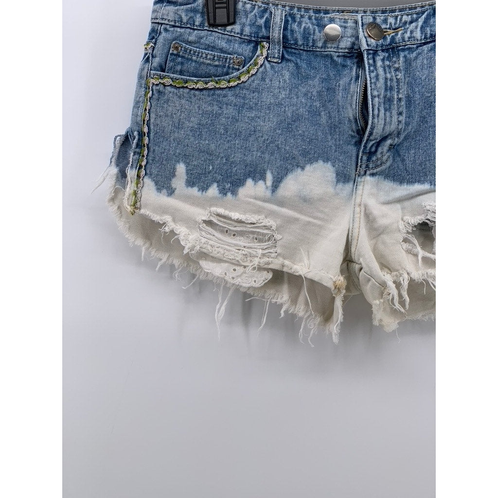 FREE PEOPLE Women's Blue-White Bleached Raw-Hem Distressed Cut-Off Shorts SZ 27