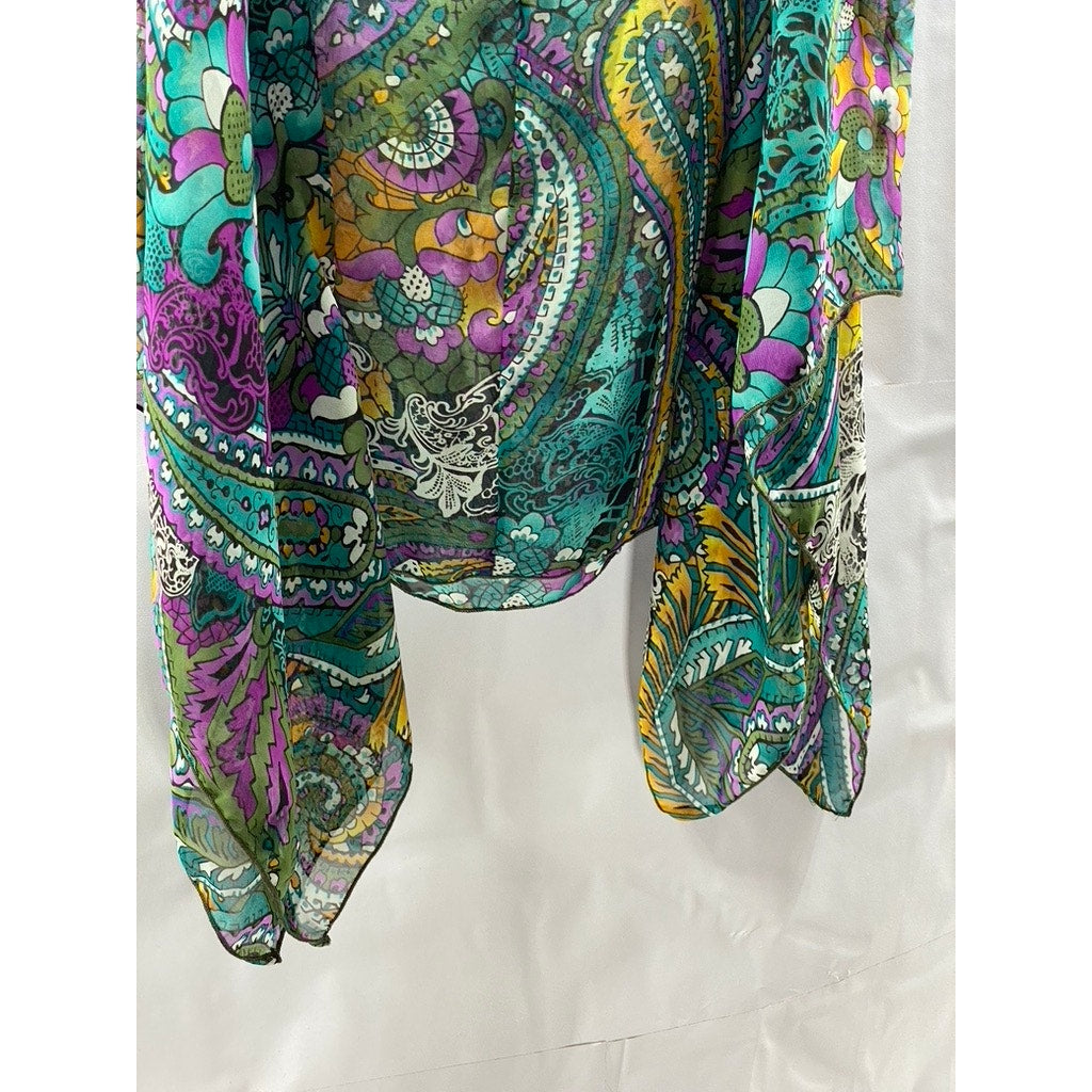 MANDEE Women's Green Sheer Printed Straight-Neck Cutout Shoulder Top SZ S