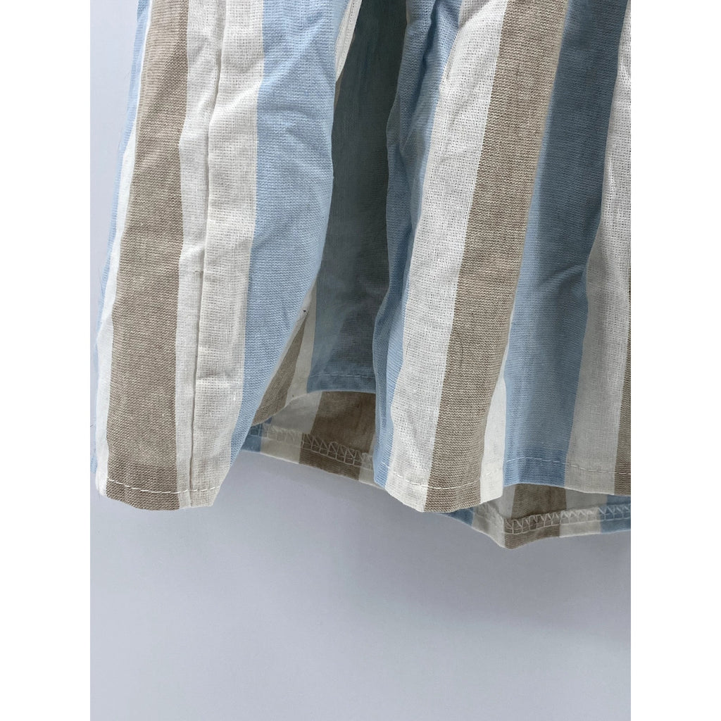 UNBRANDED Women's Blue-Tan Striped Straight-Neck Tie-Strap Ruffle Top SZ S