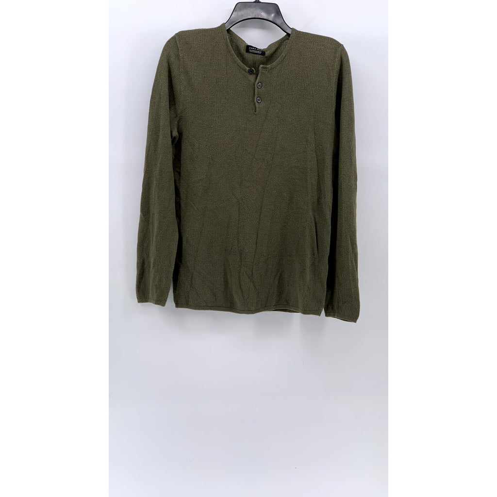 ZARA Men's Olive Green Knit Long Sleeve Casual Henley Shirt SZ M