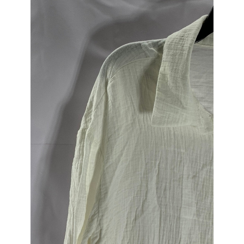 SHEIN Women’s Off-White Oversized-Fit Button-Ip Long Sleeve Top SZ S
