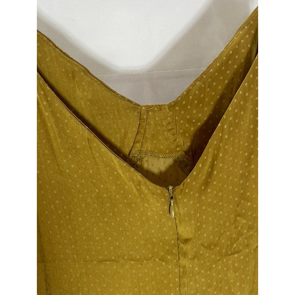 SIMPLE RETRO Women's Gold Micro Dot Print V-Neck Side Slit Midi Dress SZ S