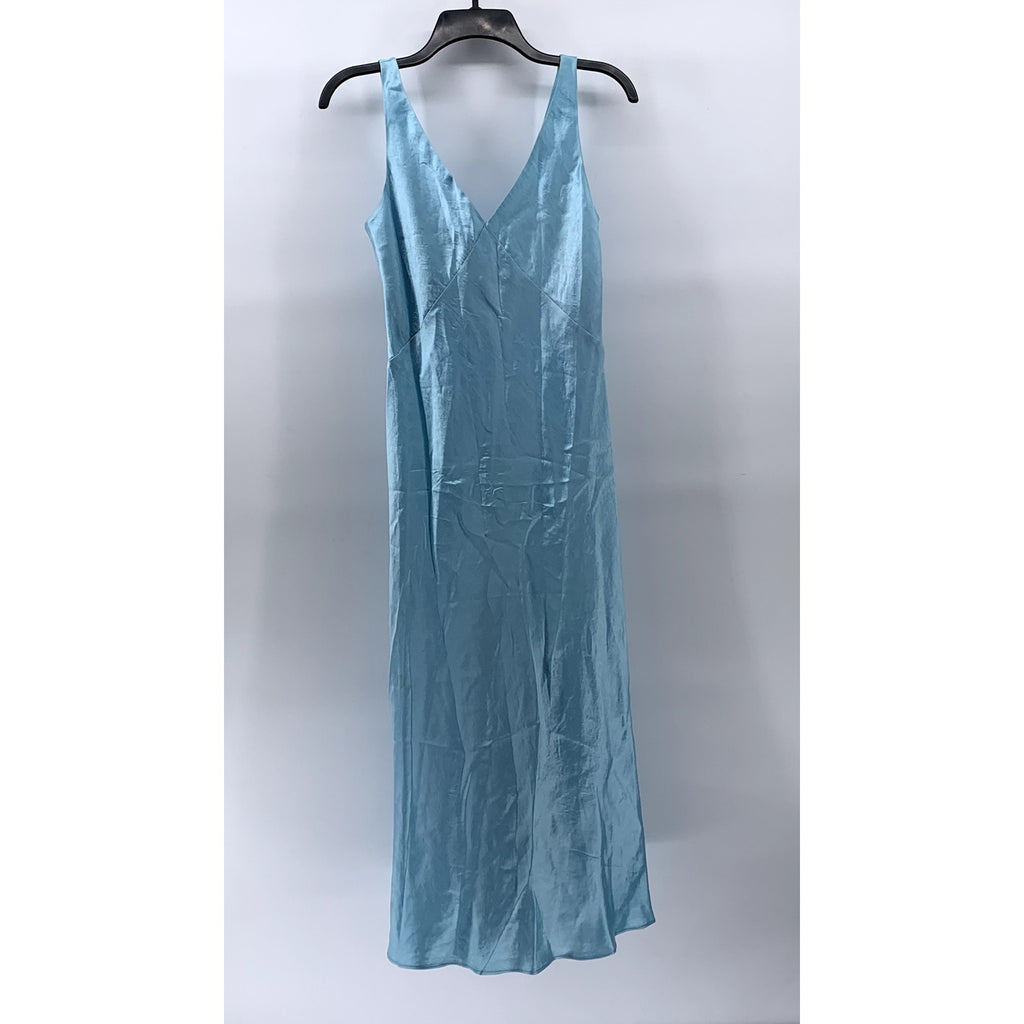 VINCE. Women's Light Blue Satin Double V-Neck Maxi Slip Dress SZ XS