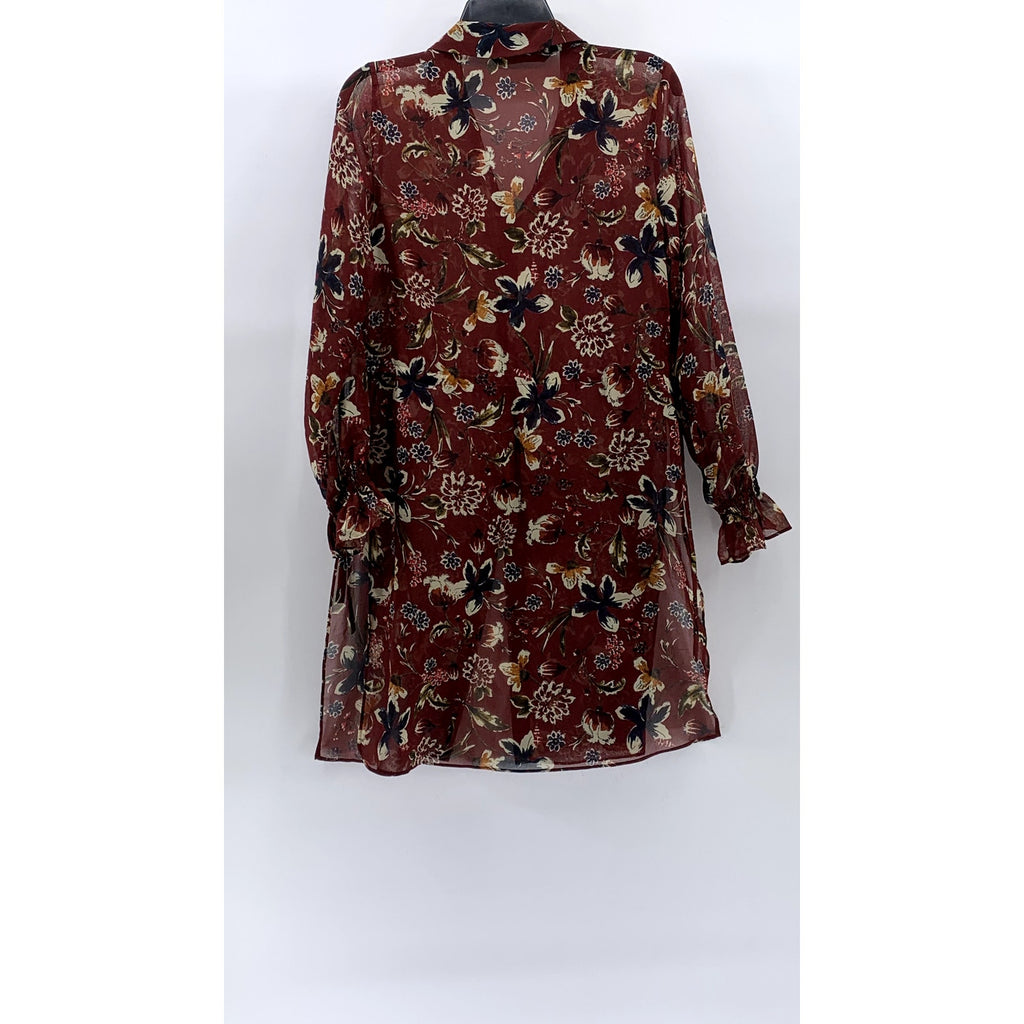 ZARA BASIC Women's Burgundy Floral Long Sleeve Button-Up Side-Slit Duster SZ XS