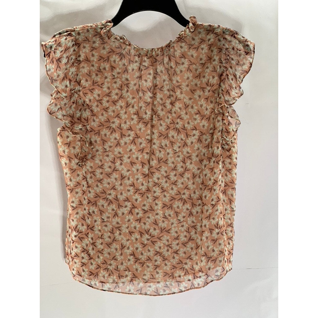 REBECCA TAYLOR Women's Peach Floral Metallic V-Neck Ruffle Short Sleeve Top SZ 2