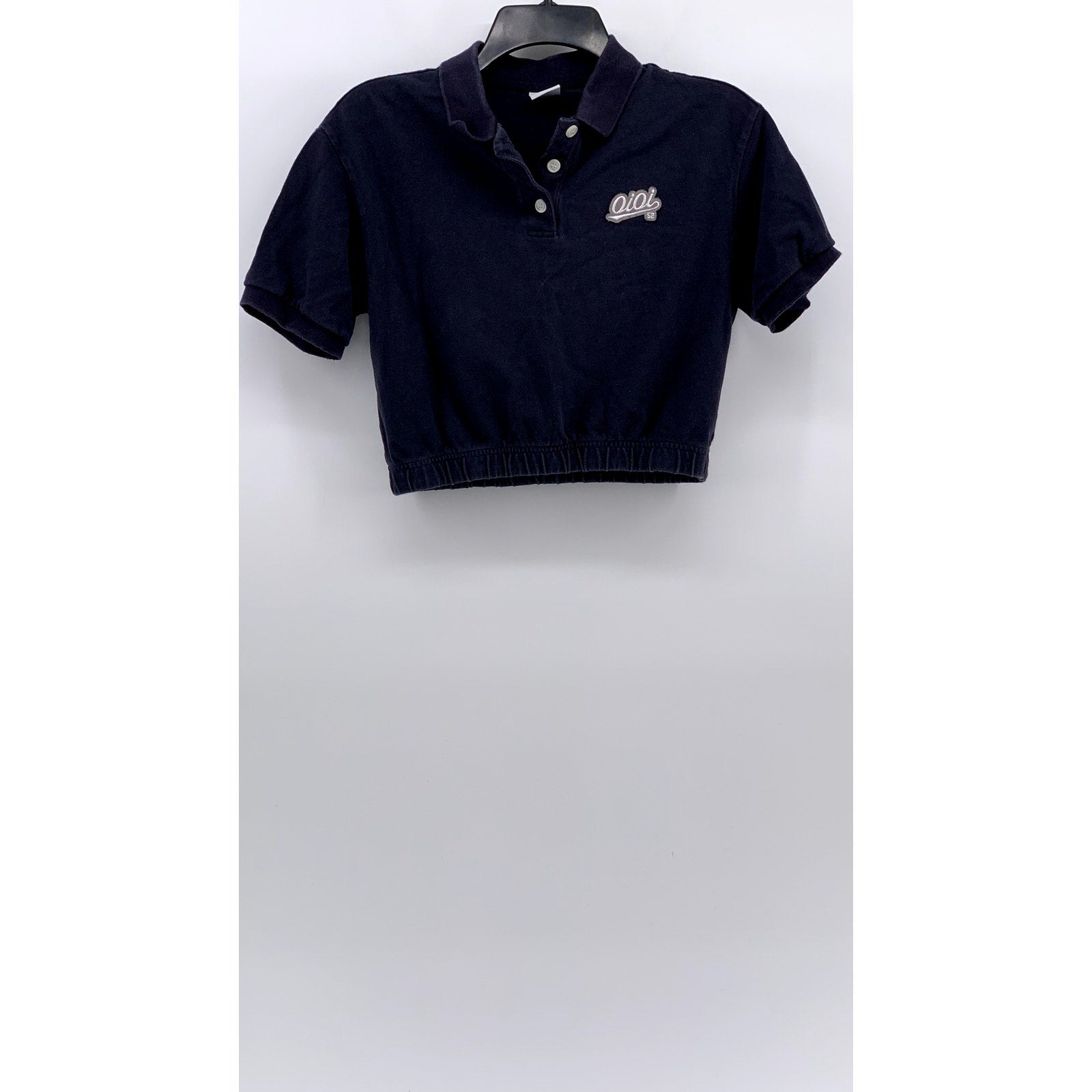 5252 BY OI OI Women's Navy Patch Logo Short Sleeve Cropped Polo Top SZ F/OS