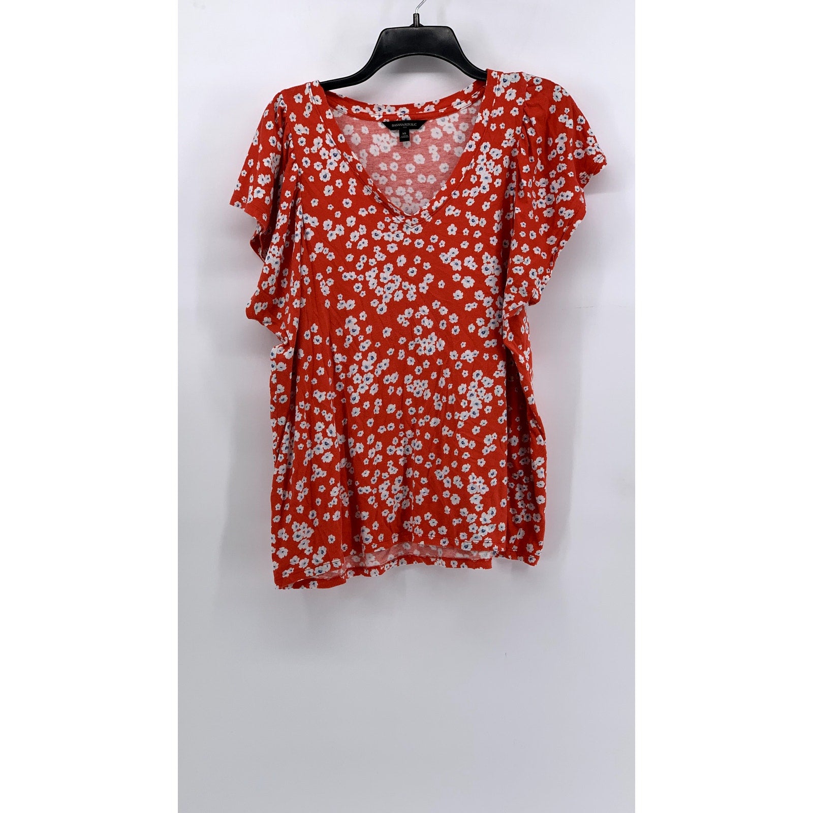 BANANA REPUBLIC Women's Red-White Cotton-Blend Floral Flutter Sleeve Top XZ XL