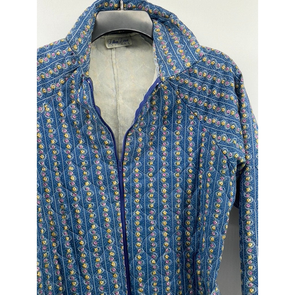 LILLIAN LOROW Women's Blue 1970's Liberty Floral Quilted Belted Jumpsuit SZ S