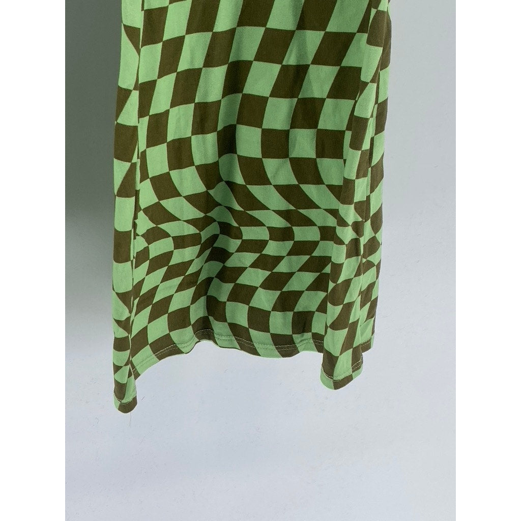 BETTER BE Women’s Green-Brown Checkered Pull-On Flared Pants SZ L