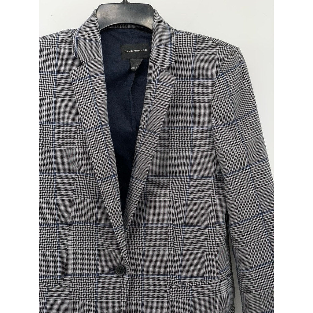 CLUB MONACO Women's Gray-Blue Houndstooth Plaid Print Single-Button Blazer SZ 4