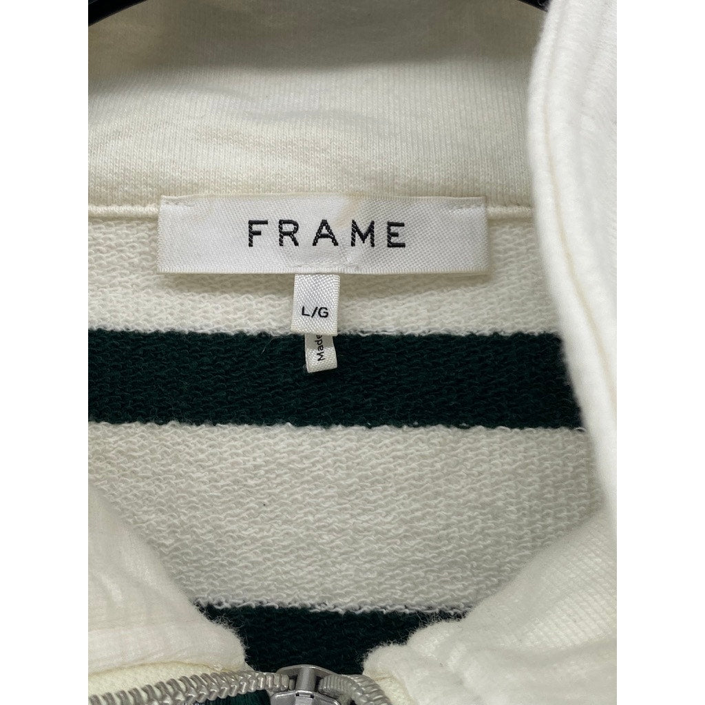 FRAME Women's White-Black Striped Half-Zip Mock Collar Long Sleeve Sweater SZ L