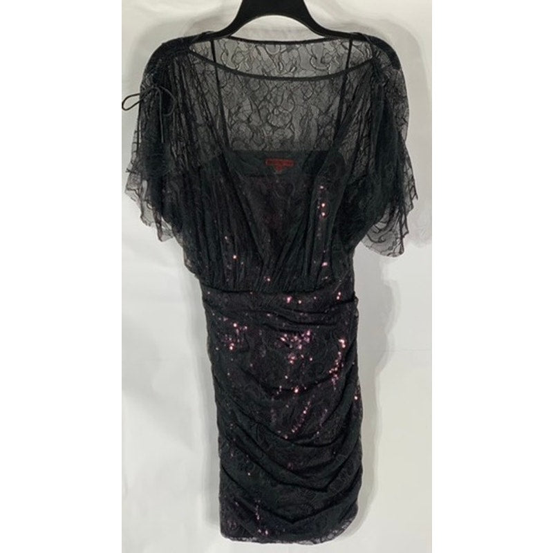 VIVIENNE TAM Women's Black-Purple Sequin Embellished Lace Overlay Mini Dress SZ4