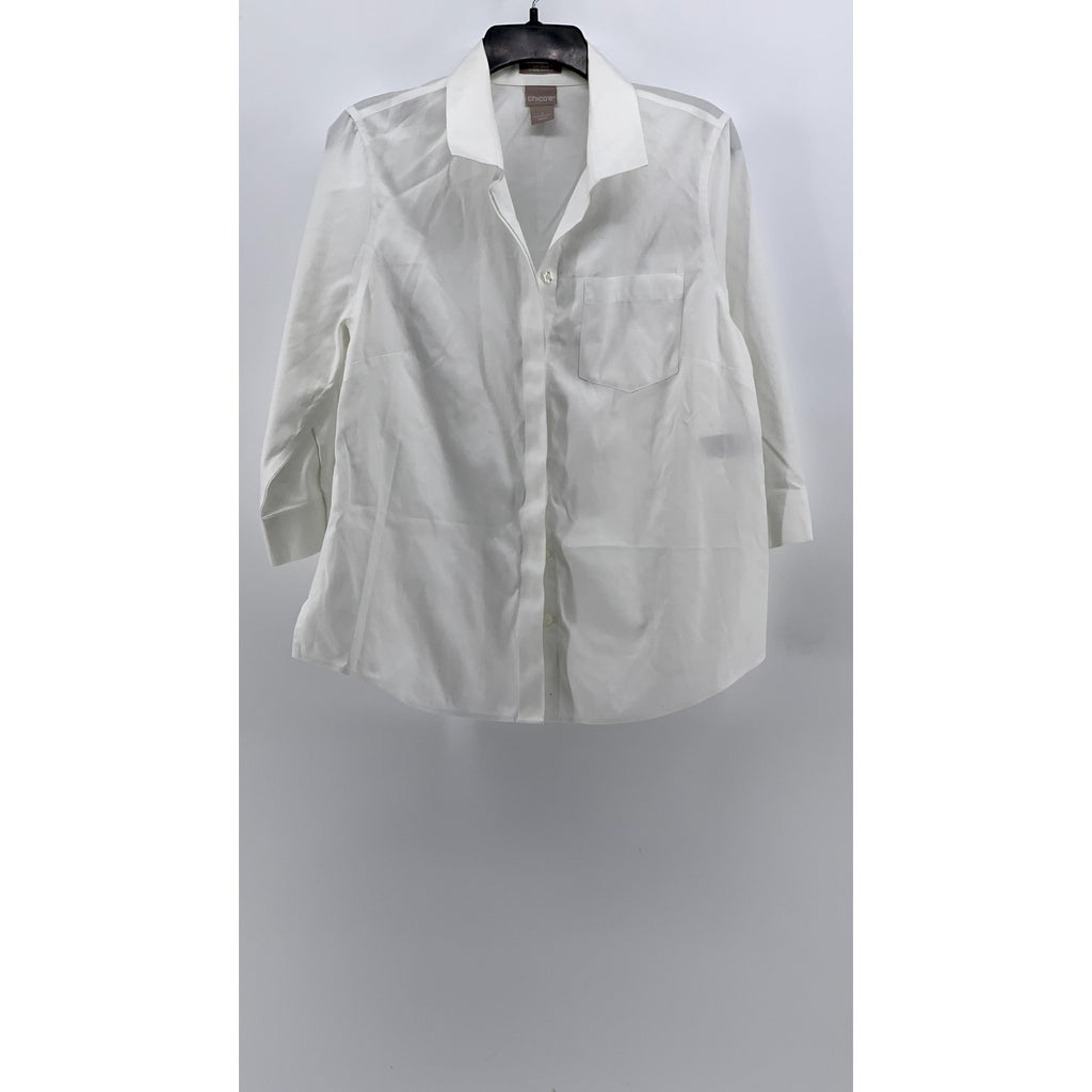 CHICO'S Women's Plus White Solid Stain-Shield Button-Up Top SZ 1