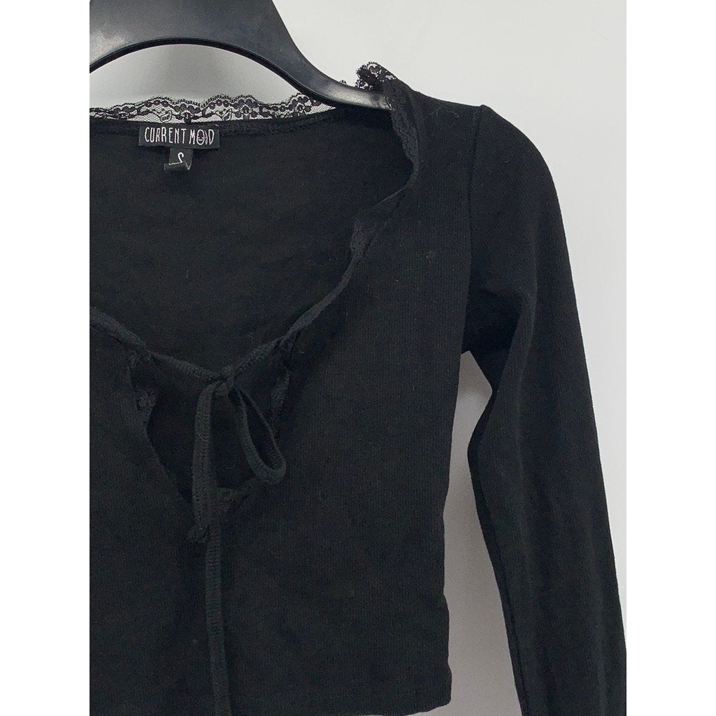 CURRENT MOOD Women's Black Lace-Trim Long Bell Sleeve Crop Top SZ S
