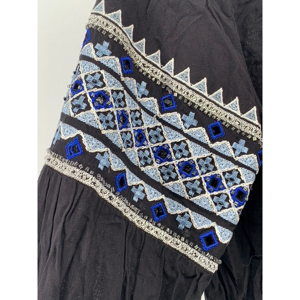PARKER Women's Black-Blue Boho Beaded Split Tie Neck Long Sleeve Top SZ XS