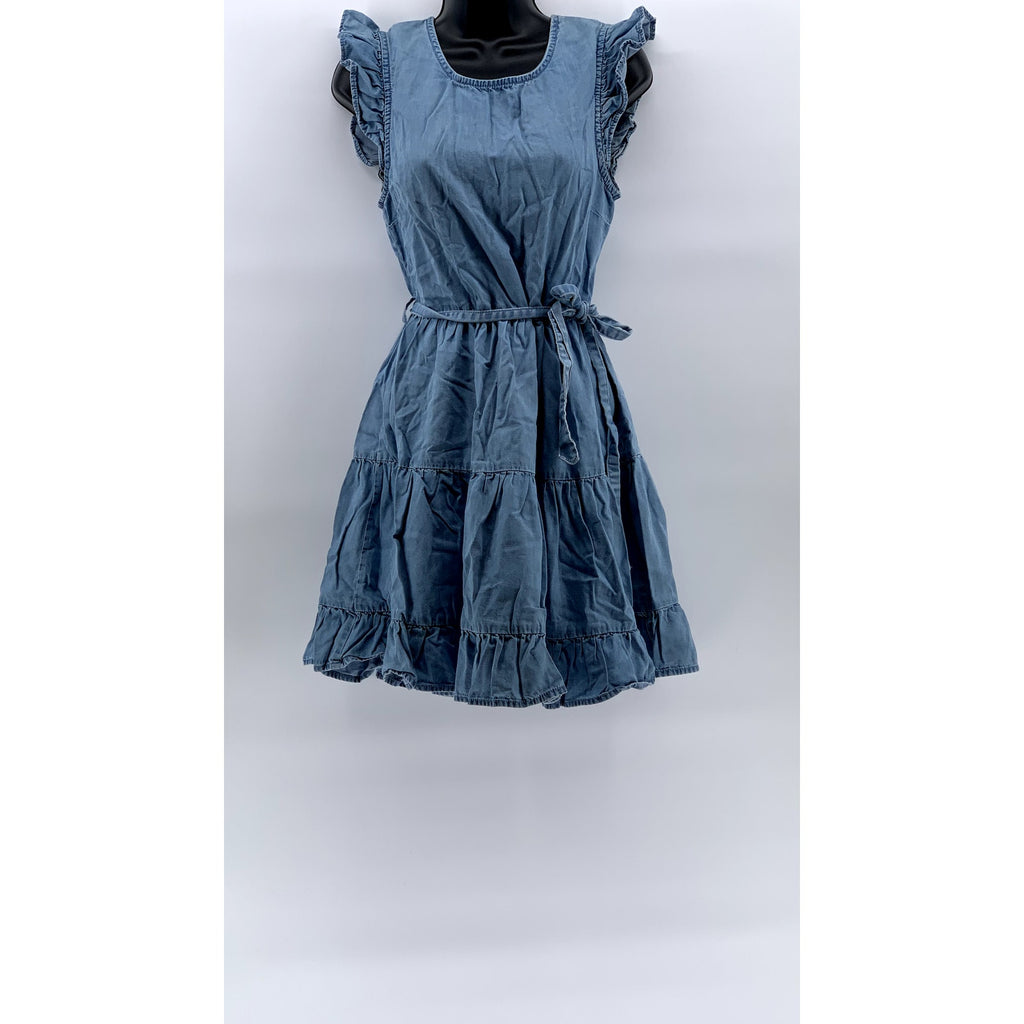 PRIMARK Women's Blue Denim Crewneck Ruffle Belted Fit & Flare Mini Dress SZ 8