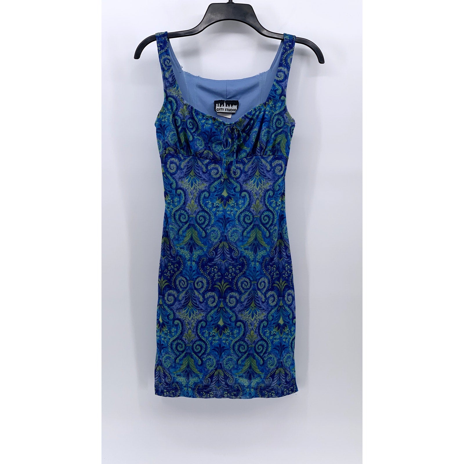 CITY STUDIO Women's Blue Mesh Paisley Straight-Neck Bodycon Mini Dress SZ S