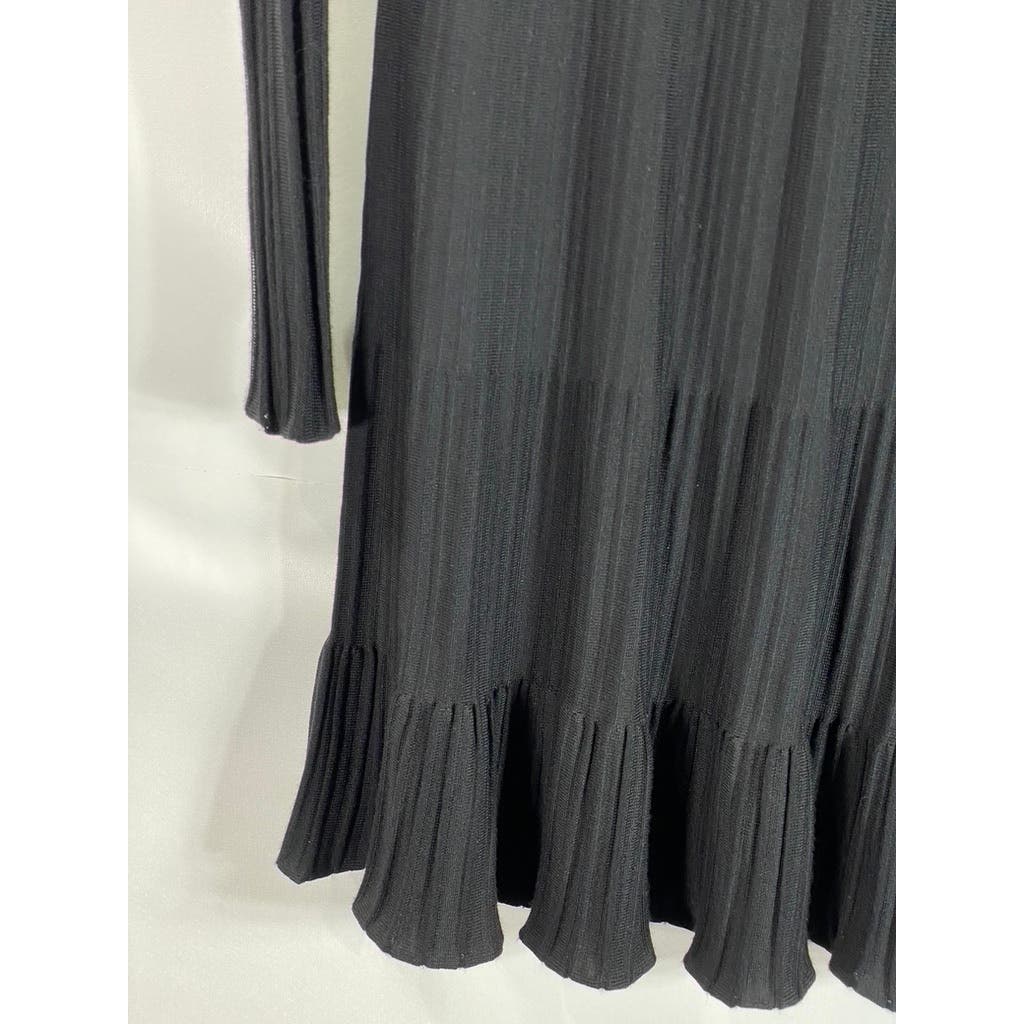 REISS Women's Clemmy Black Pleated Long Sleeve A-line Illusion Dress SZ L