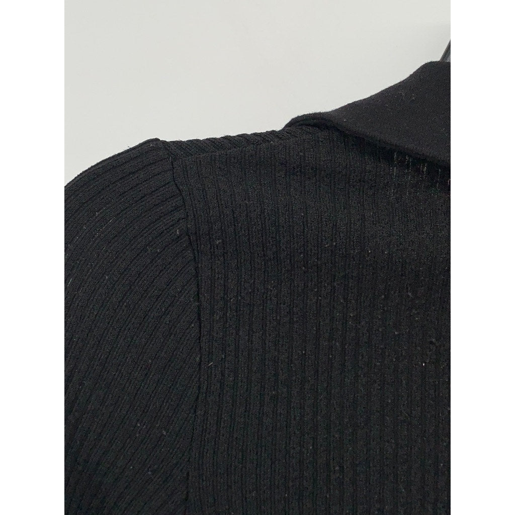 DIVIDED By H&M Women's Black Ribbed Split-Neck Long Sleeve Cropped Polo Top SZXS