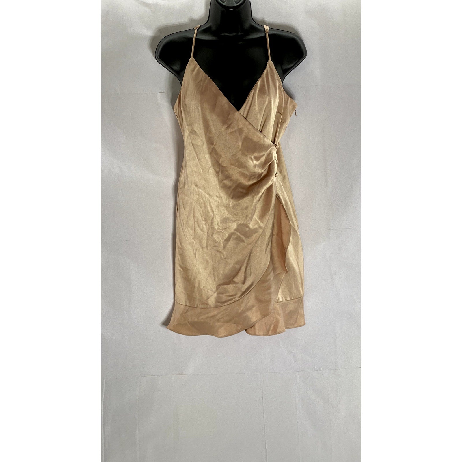 FOREVER 21 Women’s Gold Satin Button-Wrap V-Neck Adjustable Strap Mini Dress SZL