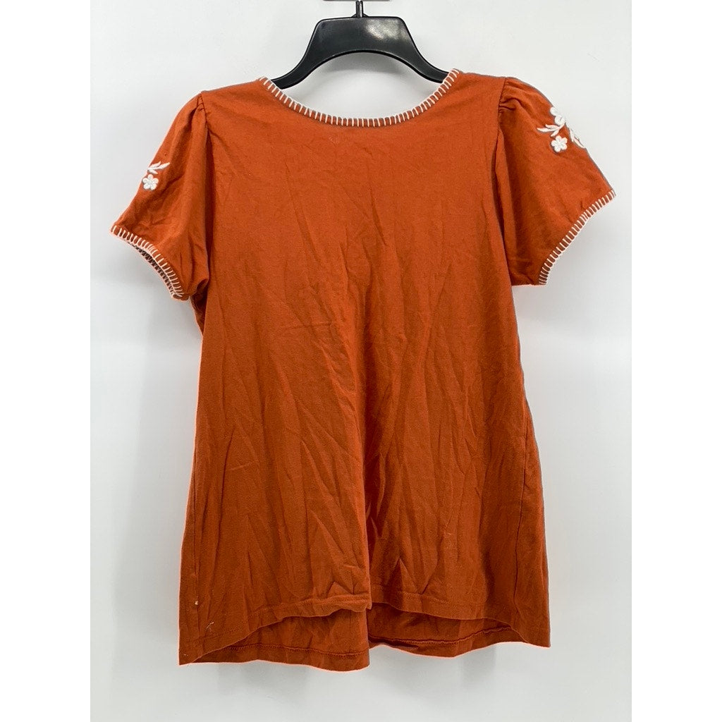 646 MAIN Women's Burnt Orange Embroidered Floral Trim Scoop-Neck Top SZ XS