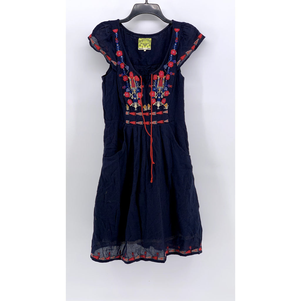 FLOREAT Women's Navy Embroidered Wool-Blend Short Sleeve Dress SZ 4