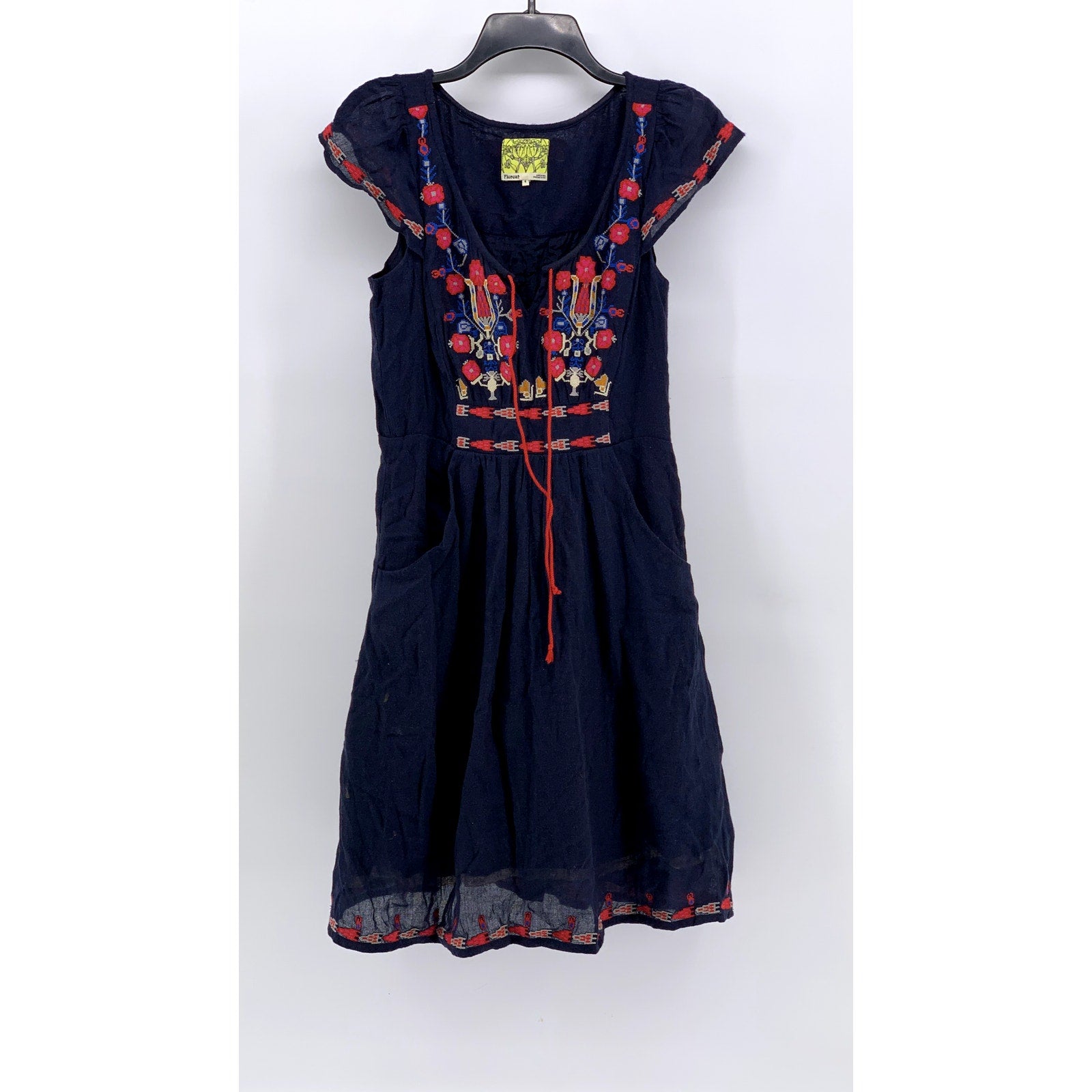 FLOREAT Women's Navy Embroidered Wool-Blend Short Sleeve Dress SZ 4