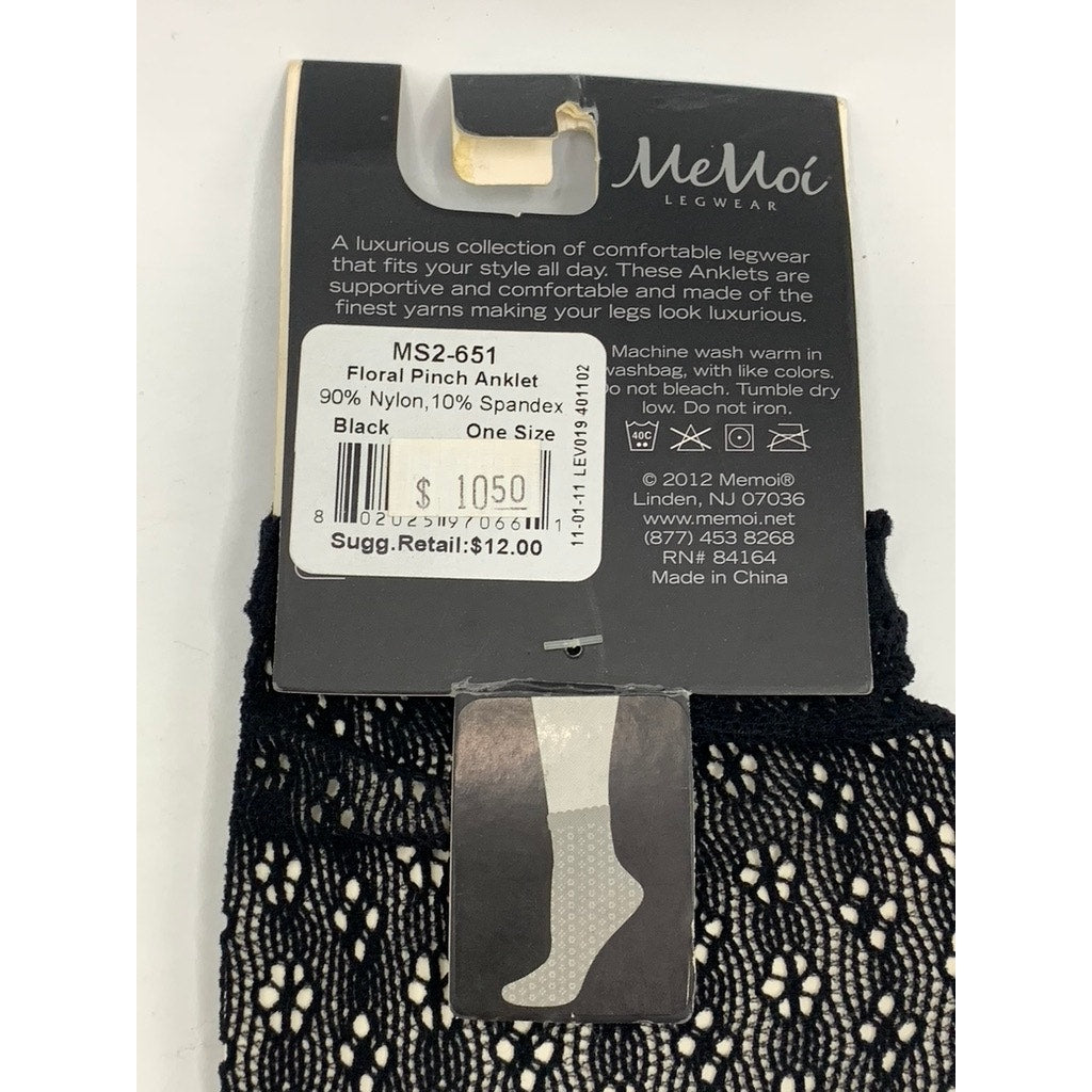 MEMOI Women's Black Ditsy Floral Pinch Scalloped Cuff Ankle Socks SZ OS