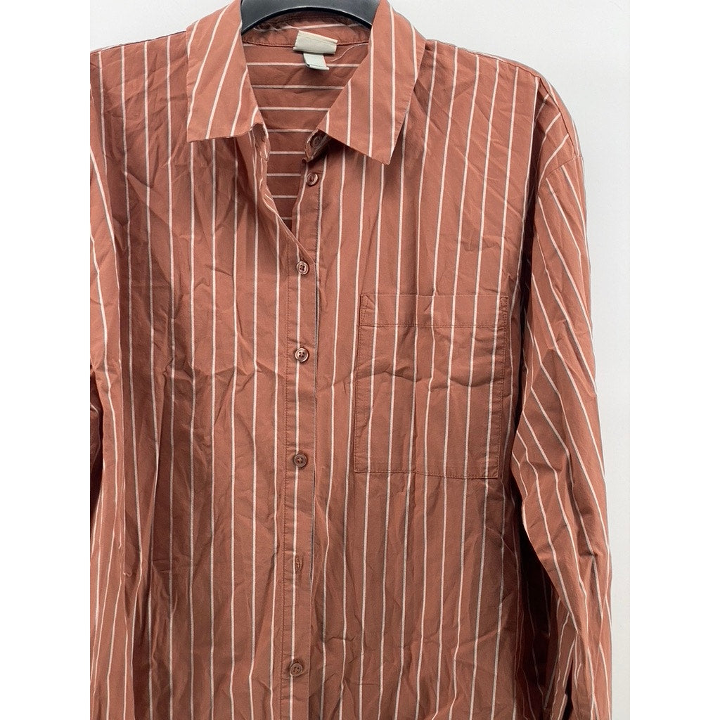A NEW DAY Women's Terracotta-White Striped Button-Up Long Sleeve Top SZ L