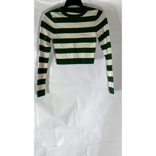 ZARA Women's Green-Cream Striped Crewneck Long Sleeve Cropped Top SZ S