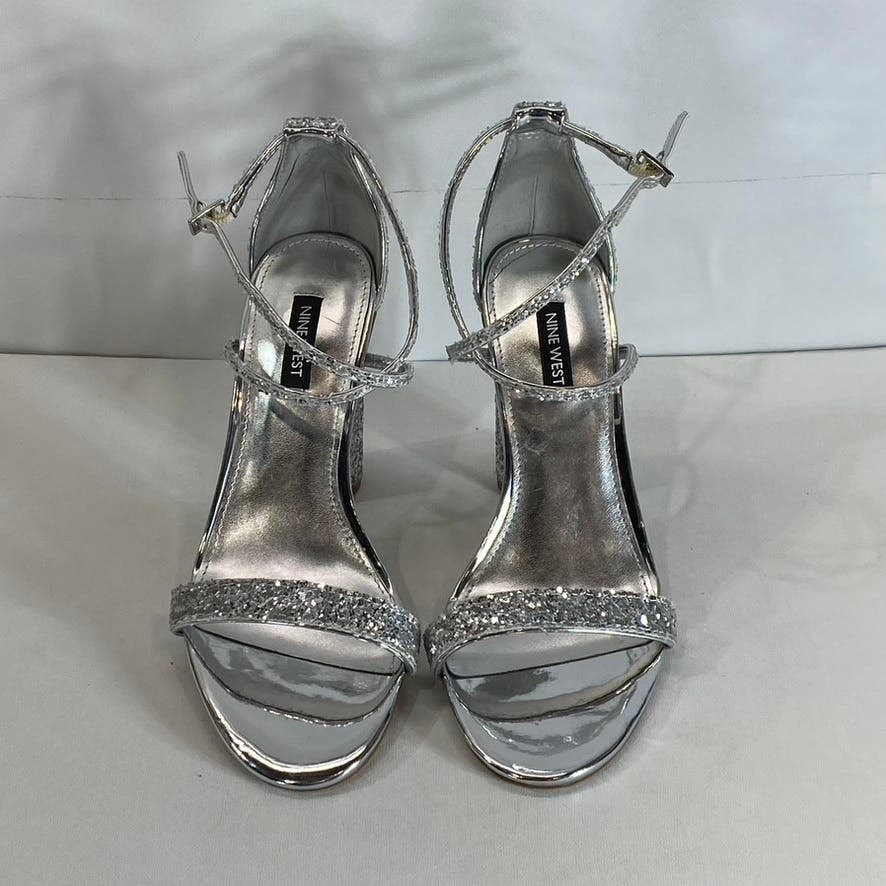 NINE WEST Women's Silver Celebra Sequin Ankle Strap Heeled Sandals SZ 7
