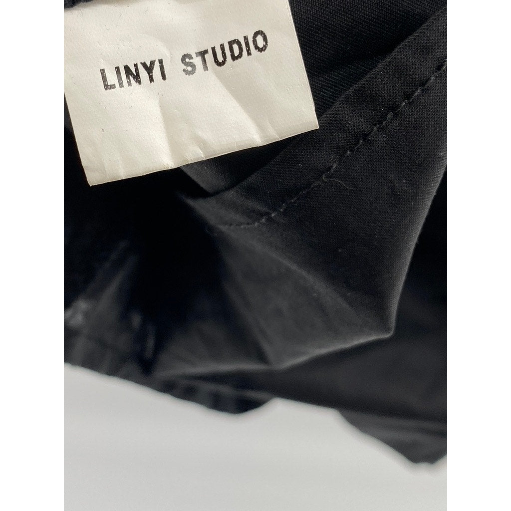 LINYI STUDIO Women's Black Solid Straight-Neck Puff-Sleeve A-Line Mini Dress SZL