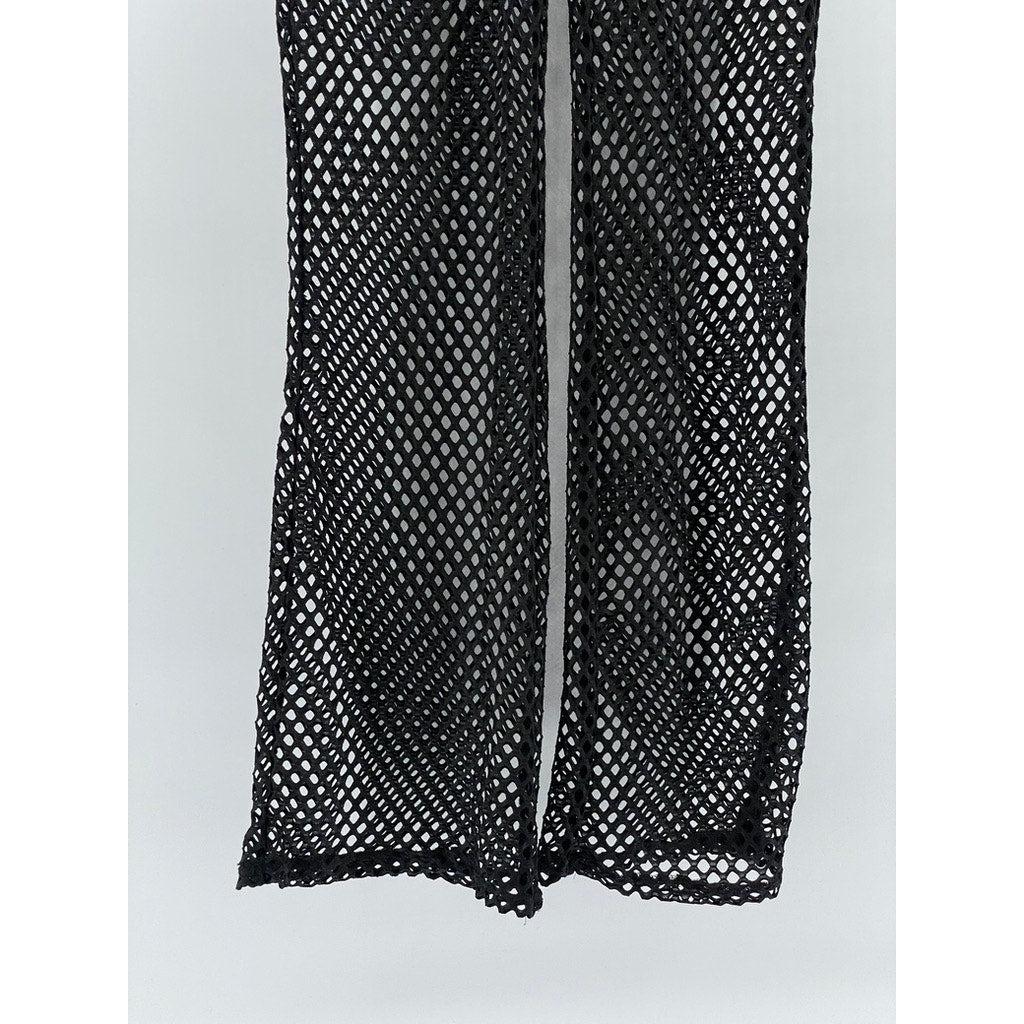 IRIS Women's Black Diamond Mesh Lined Pull-On Elastic Waist Wide-Leg Pant SZ M