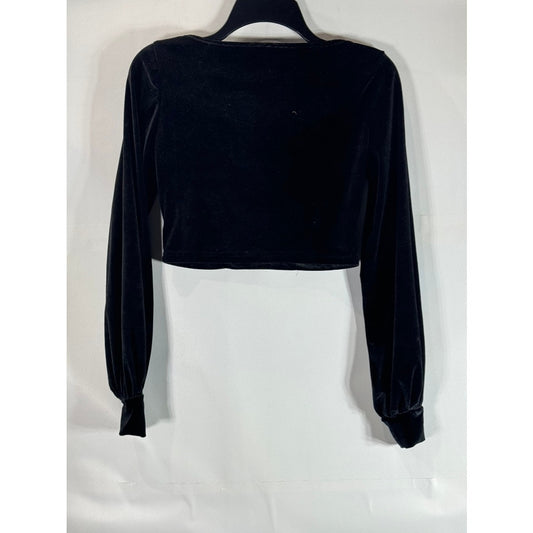 CIDER Women's Black Velvet Ruffle V-Neck Long Sleeve Crop Top SZ M(US 6)