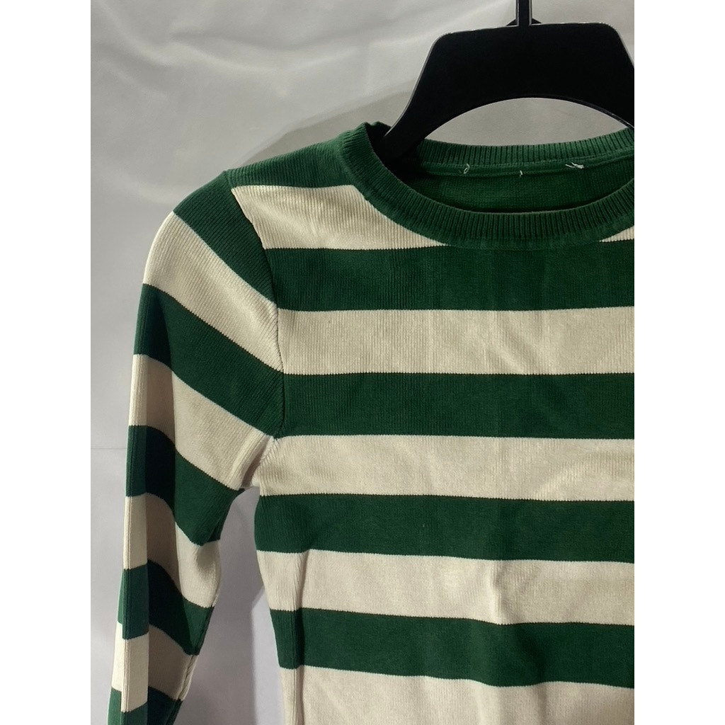 ZARA Women's Green-Cream Striped Crewneck Long Sleeve Cropped Top SZ S
