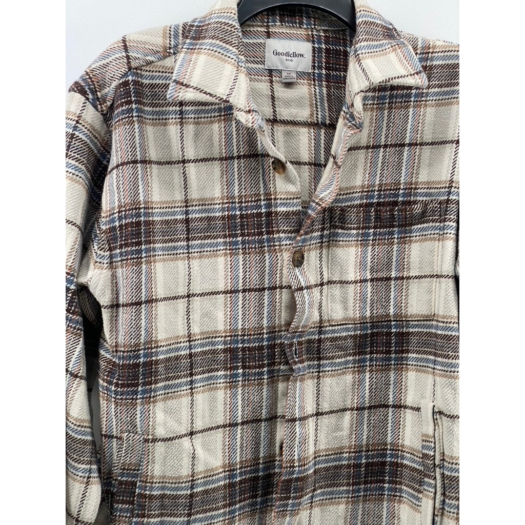 GOODFELLOW & CO Men's Beige-Brown-Blue Plaid Button-Up Flannel Shirt SZ M