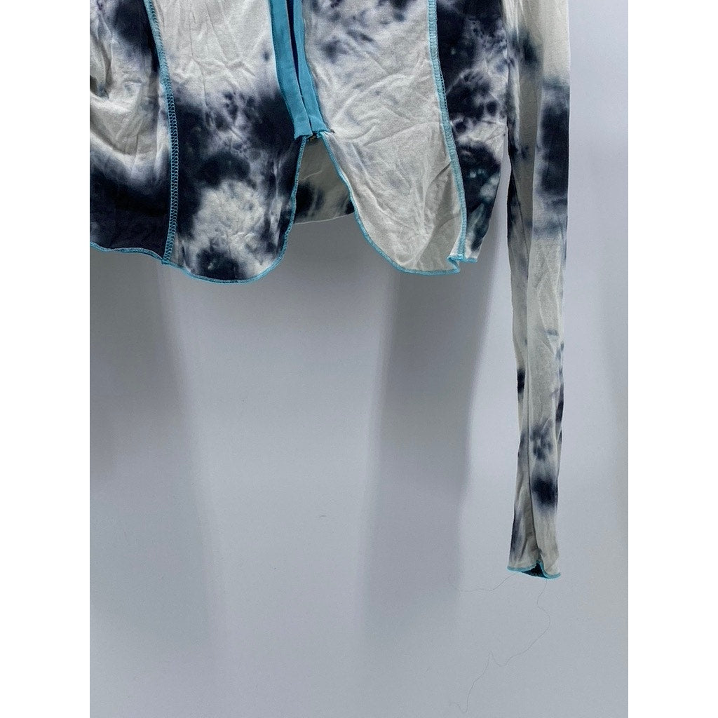 UNBRANDED Women's White-Blue-Black Tie-Dye Asymmetrical Zip-Up Cropped Top SZ M