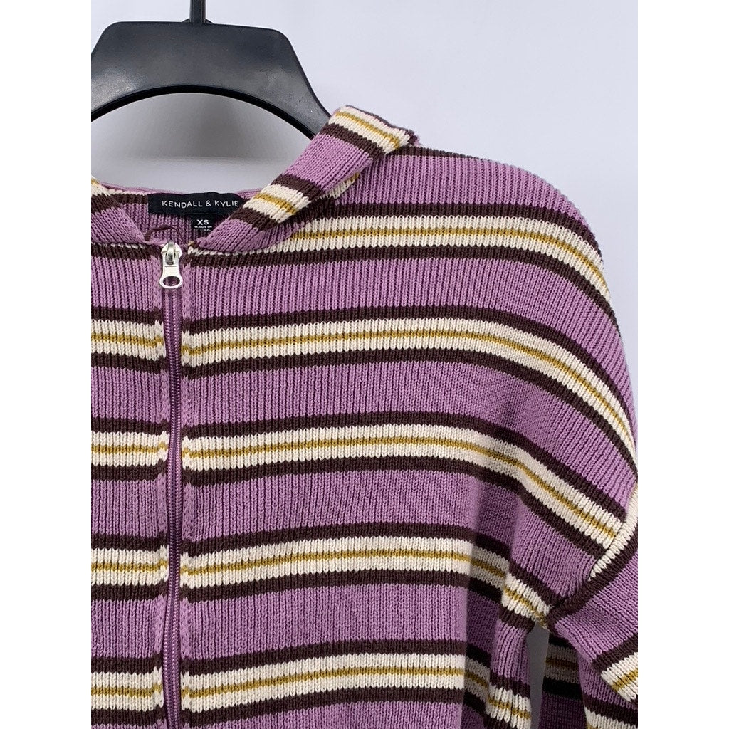 KENDALL & KYLE Women's Pink-Tan Striped Ribbed Hooded Cropped Sweater SZ XS