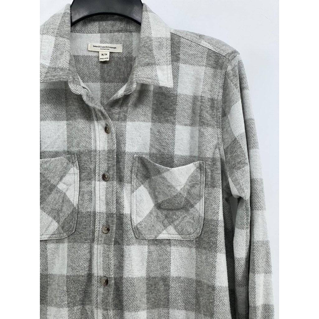 BEACHLUNCHLOUNGE Women's Gray-White Plaid Button-Up Long Sleeve Top SZ M