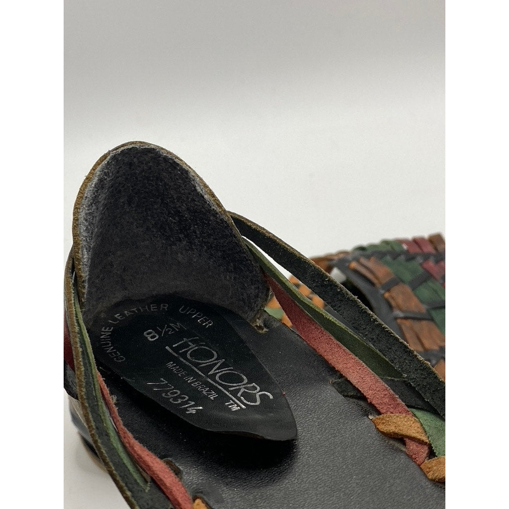 HONORS Women's Black-Multicolor Leather Strappy Round-Toe Slip-On Flats SZ 8.5