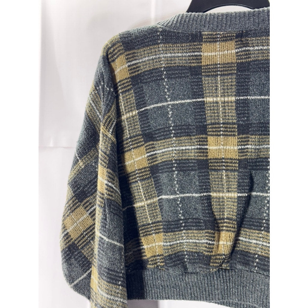 BILL BLASS Women's Blue/Yellow Plaid Crewneck Long Sleeve Cropped Sweater SZ M
