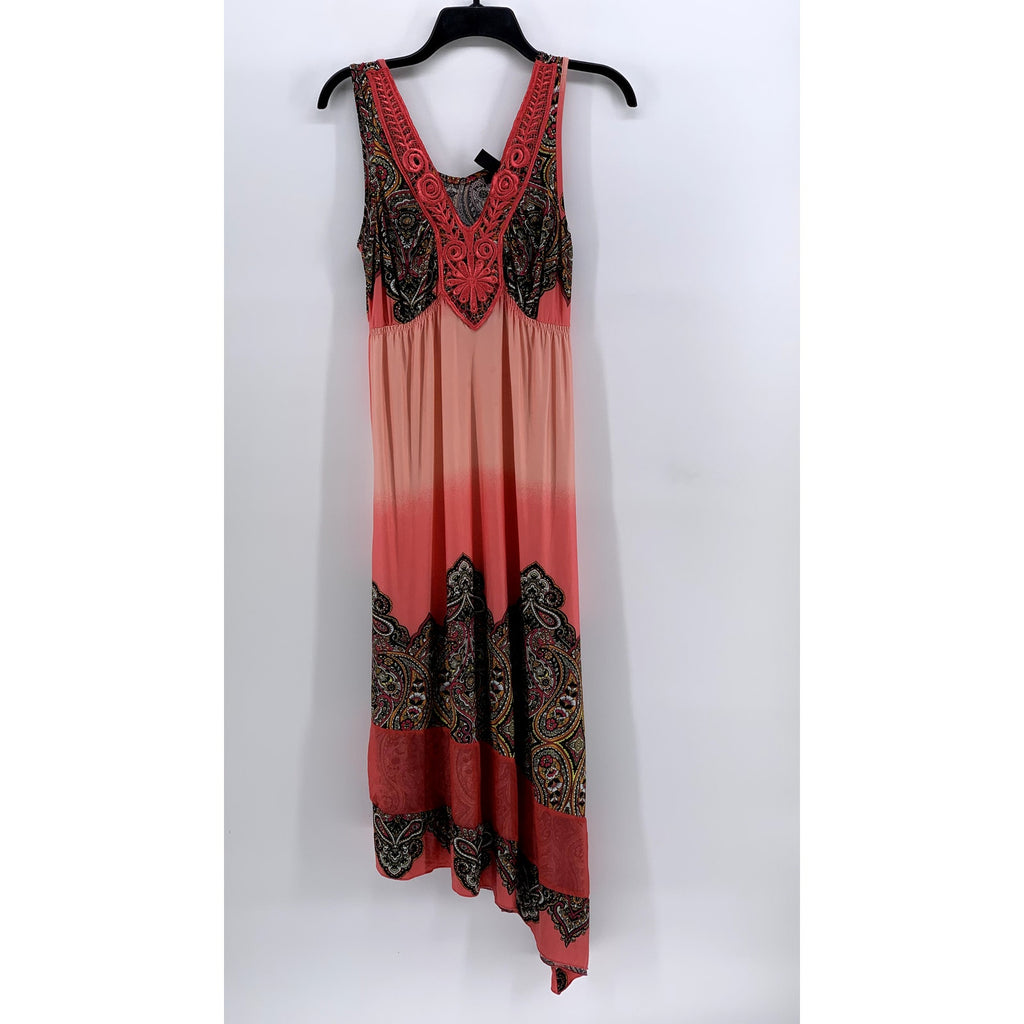 STYLE & CO Women's Peach Printed Lace V-Neck Asymmetrical Midi Dress SZ S