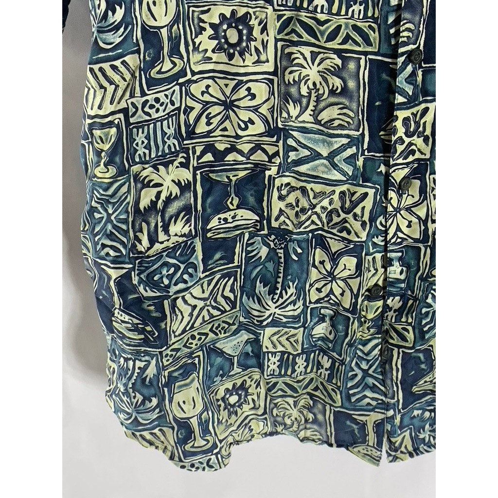 ROUNDTREE & YORKE Men's Vintage Blue Silk Hawaiian Print Button-Up Shirt SZ L