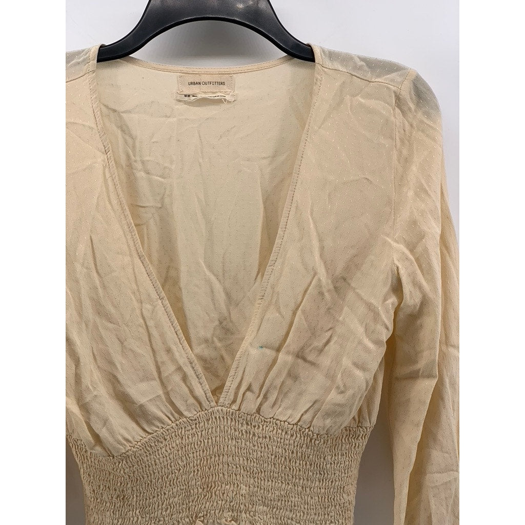 URBAN OUTFITTERS Women's Beige Ruth V-Neck Smocked Long Sleeve Cropped Top SZ M